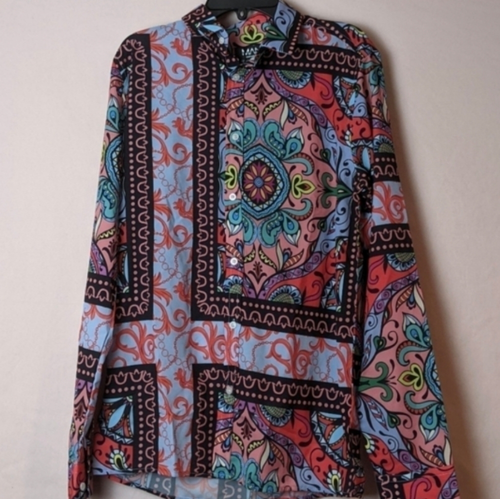 Boohoo Man Long Sleeve Bright Baroque Print Button Up Shirt size XS